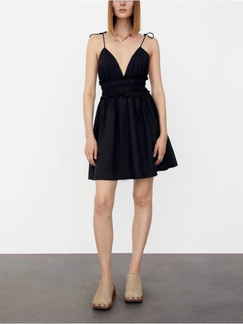 Zara Black Smocked Mini Dress V Neck Plunge Sleeveless Lace Up Cotton